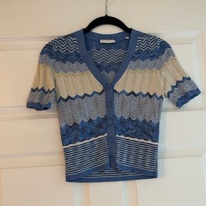 Sandro fitted Blue/cream cropped button up cardigan top